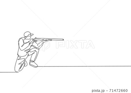 One single line drawing of young man practicing to shot target in range on shooting training ground vector graphic illustration. Clay pigeon shooting sport concept. Modern continuous line draw design One single line drawing of young man practicing to shot target in range on shooting training ground vector graphic illustration. Clay pigeon shooting sport concept. Modern continuous line draw design 71472660