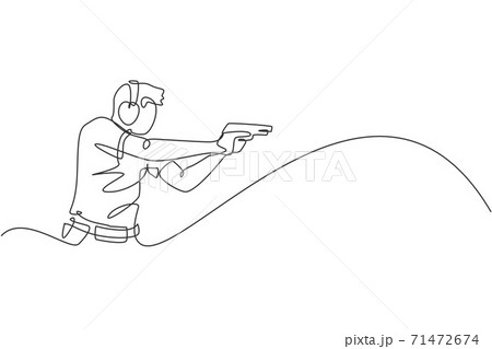 One single line drawing of young man practicing to shot target in range on shooting training ground vector graphic illustration. Clay pigeon shooting sport concept. Modern continuous line draw design 71472674