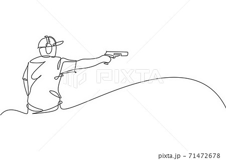 Single continuous line drawing of young athlete man shooter holding gun and training to aim target tactical shooting. Shooting sport training concept. Trendy one line draw design vector illustration 71472678