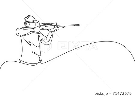 Single continuous line drawing of young athlete man shooter holding gun and training to aim target tactical shooting. Shooting sport training concept. Trendy one line draw design vector illustration Single continuous line drawing of young athlete man shooter holding gun and training to aim target tactical shooting. Shooting sport training concept. Trendy one line draw design vector illustration 71472679