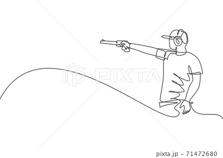 One single line drawing of young man practicing to shot target in range on shooting training ground vector illustration graphic. Clay pigeon shooting sport concept. Modern continuous line draw design 71472680