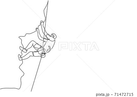 Single continuous line drawing of young muscular rockclimber man climbing hanging on mountain grip. Outdoor active lifestyle and rock climbing concept. Trendy one line draw design vector illustration Single continuous line drawing of young muscular rockclimber man climbing hanging on mountain grip. Outdoor active lifestyle and rock climbing concept. Trendy one line draw design vector illustration 71472715