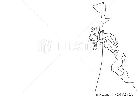 One single line drawing of young active man climbing on cliff mountain holding safety rope vector graphic illustration. Extreme outdoor sport and bouldering concept. Modern continuous line draw design 71472716