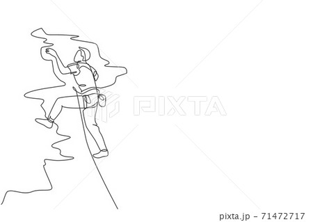 One continuous line drawing of young bravery climber man practice overhanging rock cliff mountain with safety rope. Dangerous extreme sport concept. Dynamic single line draw design vector illustration One continuous line drawing of young bravery climber man practice overhanging rock cliff mountain with safety rope. Dangerous extreme sport concept. Dynamic single line draw design vector illustration 71472717