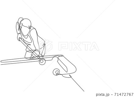 One single line drawing of young beauty woman playing pool billiards at billiard room vector graphic illustration. Indoor sport recreational game concept. Modern continuous line draw design 71472767