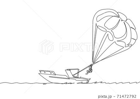 Single continuous line drawing young tourist man flying with parasailing parachute on the sky pulled by a boat. Extreme vacation holiday sport concept. One line draw design vector graphic illustration 71472792