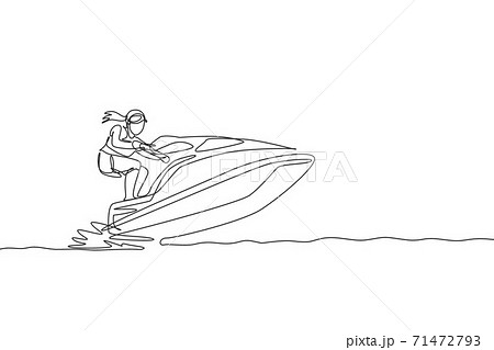 One single line drawing young sporty man play jet skiing in the sea beach graphic vector illustration. Healthy lifestyle and extreme sport concept. Summer vacation. Modern continuous line draw design 71472793