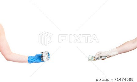 hand in sterile medical glove holds un label iron tin can and hand holds out money to pay for food delivery, quarantine social destination mockup concept isolated on white background with copy space. 71474689