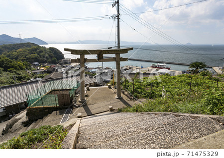 豊玉姫神社の石鳥居と瀬戸内海 71475329