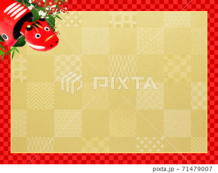 赤べこと赤い市松模様のフレーム - 複数のバリエーションがあります 71479007