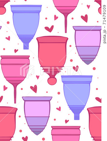 Seamless pattern with colorful outline menstrual cups with hearts and dots on white background. Zero waste objects. Organic health care. Vector texture 71479109