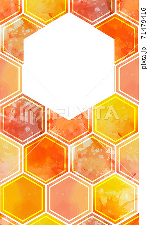 Vertical card with watercolor honeycomb with splashes and text space. Sweet honey and treats. Vector template Vertical card with watercolor honeycomb with splashes and text space. Sweet honey and treats. Vector template 71479416