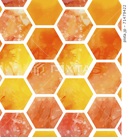 Seamless pattern with yellow and orange watercolor honeycombs with splashes on white background. Sweet honey and treats. Vector texture 71479422