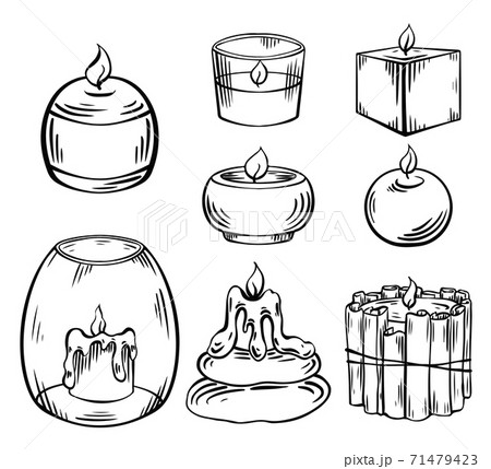 Set of relax candles. Black sketch with hatching. Various wax candles with decoration. Vector engraving spa, relaxation elements Set of relax candles. Black sketch with hatching. Various wax candles with decoration. Vector engraving spa, relaxation elements 71479423