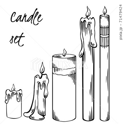 Set of relax candles. Black and white sketch with hatching. Various wax candles. Vector engraving spa, relaxation and religion elements 71479424
