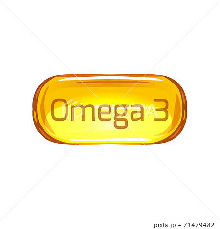 Cartoon fish oil capsule on a white background with lettering. Useful vitamins Omega 3. Vector object Cartoon fish oil capsule on a white background with lettering. Useful vitamins Omega 3. Vector object 71479482