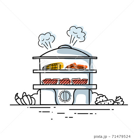 Steamer with vegetables and fish. Contour fashionable illustration of kitchen utensils. Healthy steamed food. Contour vector illustration Steamer with vegetables and fish. Contour fashionable illustration of kitchen utensils. Healthy steamed food. Contour vector illustration 71479524