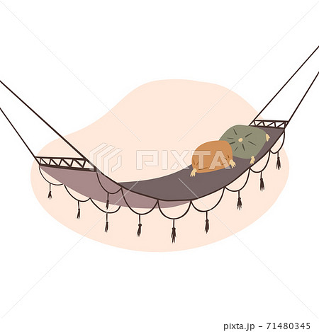 Flat cartoon hammock with boho decorations and pillows. Rest and relax. Vector object 71480345