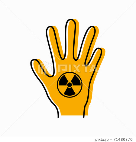 Dangerous dose of radiation of limbs. Contour silhouette of hand with icon radiation and yellow silhouette on white background. Danger of exposure. Vector object 71480370