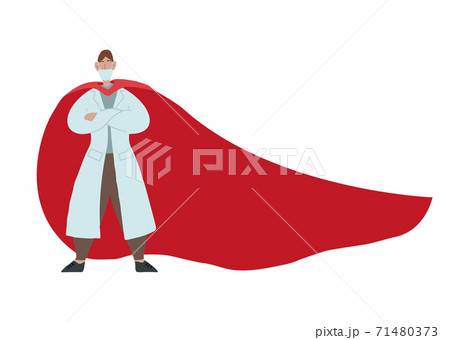 Doctor Infectious Disease Superhero. Infectionist in a white coat and red fluttering cloak on a white background. The modern hero. Vector cartoon character 71480373