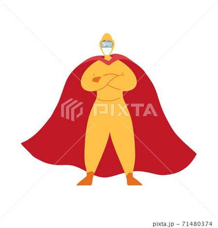 Doctor Infectious Disease Superhero. Infectionist in a mask, protective suit and red cloak on a white background. The modern hero. Vector cartoon character 71480374