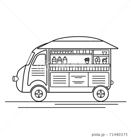Outline cartoon of an ice cream food truck. Vintage retro car. Movable catering point. Contour black and white vector illustration 71480375