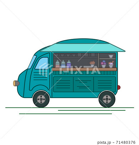 Outline cartoon of an ice cream food truck. Vintage retro car. Contour colorful vector illustration 71480376
