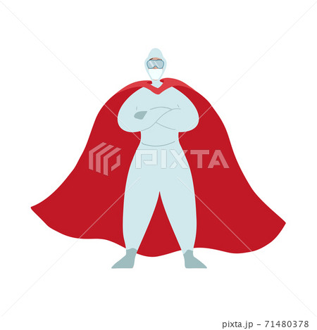 Doctor Infectious Disease Superhero. Infectionist in a mask, suit and red cloak on a white background. The modern hero. Vector cartoon character 71480378
