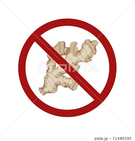 Flat of ginger root in prohibition sign on a white background. Cartoon illustration. Ban on food. Vector forbidden object Flat of ginger root in prohibition sign on a white background. Cartoon illustration. Ban on food. Vector forbidden object 71480395