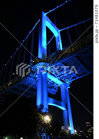 東京都港区の芝浦南ふ頭公園から見た、青くライトアップされた東京・レインボーブリッジの夜景 東京都港区の芝浦南ふ頭公園から見た、青くライトアップされた東京・レインボーブリッジの夜景 71481079