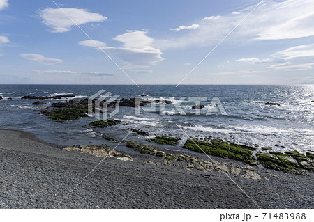 砂浜と岩と海藻が付いた岩 照ヶ崎海岸 神奈川県大磯町 の写真素材 7149