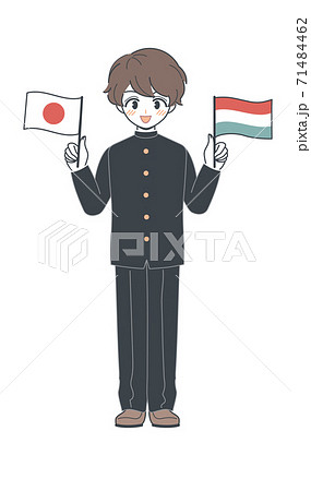 ハンガリー国旗と日本国旗を持つ学ランの学生・ベクター
