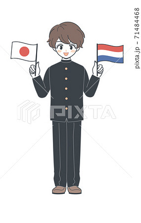 オランダ国旗と日本国旗を持つ学ランの学生 ベクター のイラスト素材