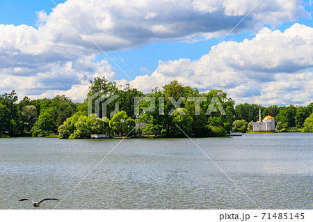 Big pond with Turkish Bath pavilion on a coast in the Catherine Park in Tsarskoye Selo, Pushkin, Russia Big pond with Turkish Bath pavilion on a coast in the Catherine Park in Tsarskoye Selo, Pushkin, Russia 71485145