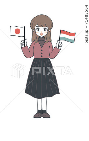 ハンガリー国旗と日本国旗を持つおねえさん・ベクター
