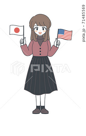 アメリカ国旗と日本国旗を持つおねえさん ベクター のイラスト素材