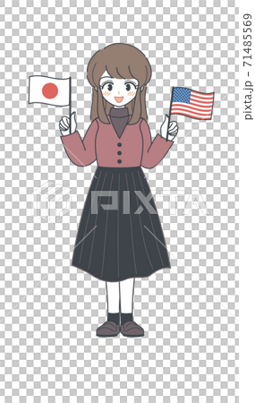 アメリカ国旗と日本国旗を持つおねえさん ベクター のイラスト素材