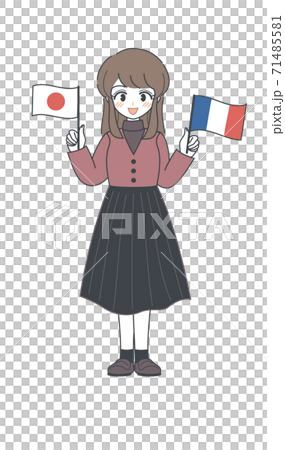 フランス国旗と日本国旗を持つおねえさん ベクターのイラスト素材