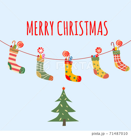 Christmas socks with candy hanging, with different design. Traditional vintage decoration snowflakes background, baner, illustration, vector, card, poster, banner 71487010