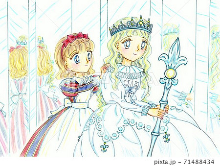 白の女王とアリス 鏡の迷宮で オリジナルキャラデザイン 色鉛筆画のイラスト素材