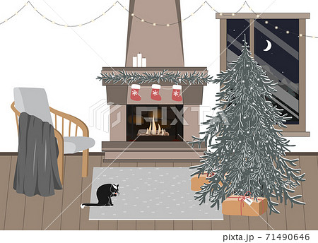 New Year celebration interior, vector illustration. Empty Christmas room with festive atmosphere. Home coziness, Scandinavian Xmas, winter holidays hygge. Christmas tree and fireplace 71490646
