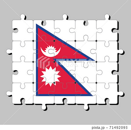 Jigsaw puzzle of Nepal flag. Concept of Fulfillment or perfection. two red blue triangles Jigsaw puzzle of Nepal flag. Concept of Fulfillment or perfection. two red blue triangles 71492093