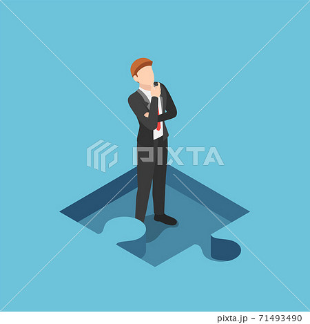 Isometric  Businessman Standing and Thinking in the Missing Part of Jigsaw Puzzle 71493490