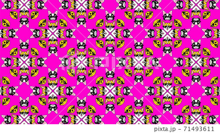 Dog in pixel sunglasses on pink neon background. Pattern 71493611