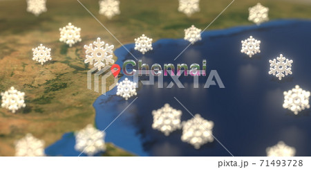 Chennai city and snowy weather icon on the map, weather forecast related 3D rendering 71493728