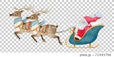 手繪水彩畫|聖誕老人和馴鹿圖 71493796
