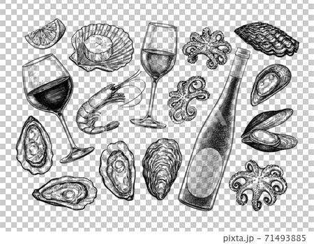 Ink sketch set of wine and seafood. 71493885