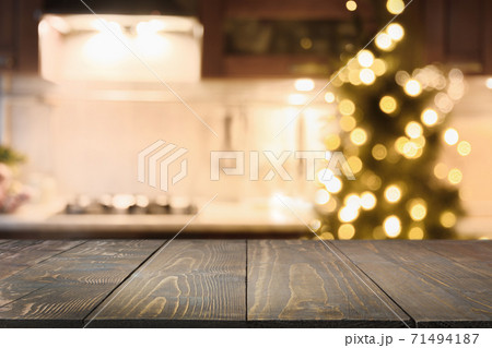 Wooden tabletop in Christmas modern kitchen 71494187