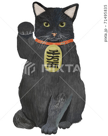 右手を上げる招き猫風の黒猫のイラスト素材 [71495835] - PIXTA