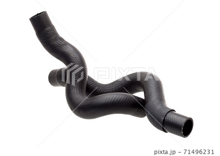 genuine radiator pipes made of black hard rubber with bends, new car spare parts isolated on white background. genuine radiator pipes made of black hard rubber with bends, new car spare parts isolated on white background. 71496231